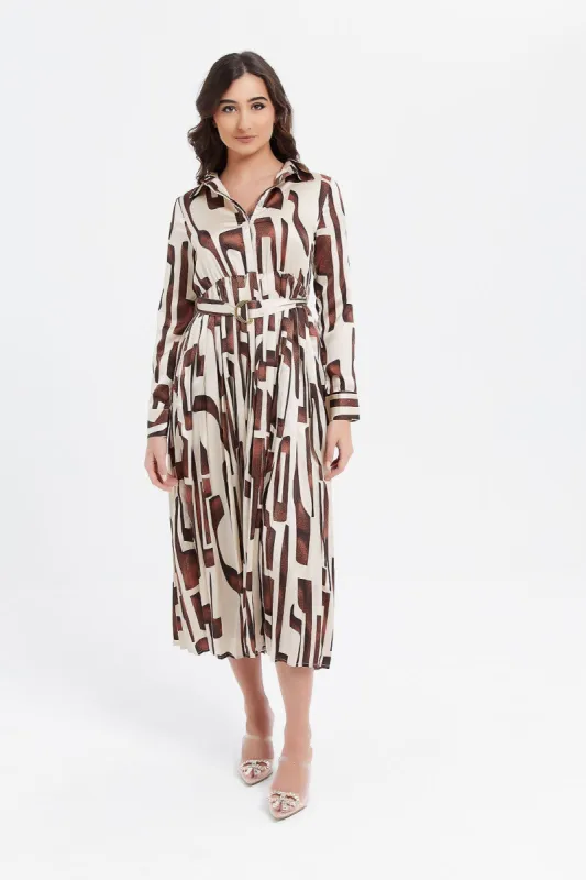 Women Cream And Brown Printed Collared Dress sold by Redtag