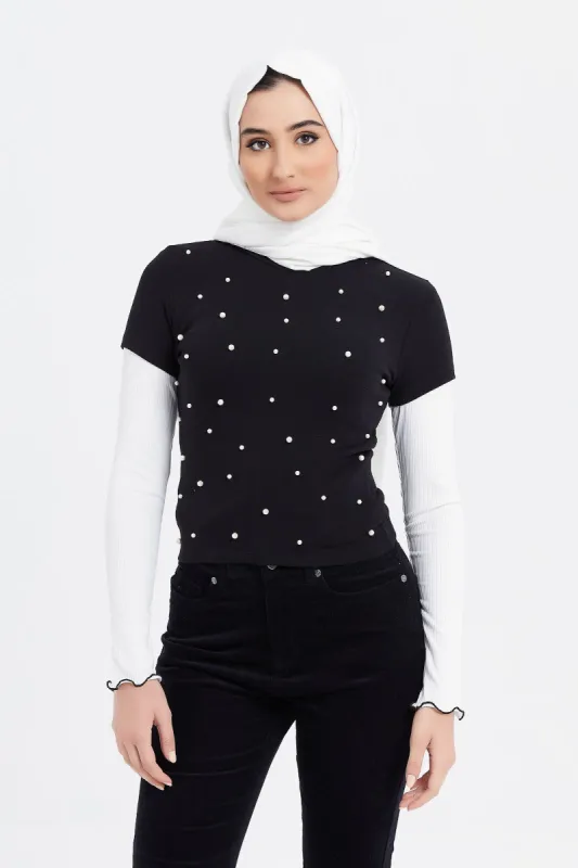 Women Black Pearl Embellished Top sold by Redtag