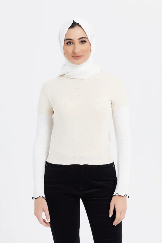 Women Ecru Pearl Embellished Top sold by Redtag