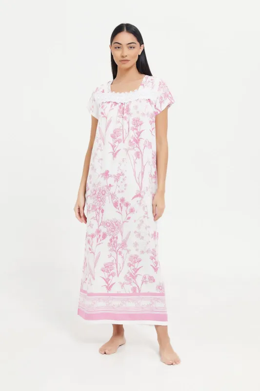 Women White And Pink Printed Nightgown sold by Redtag