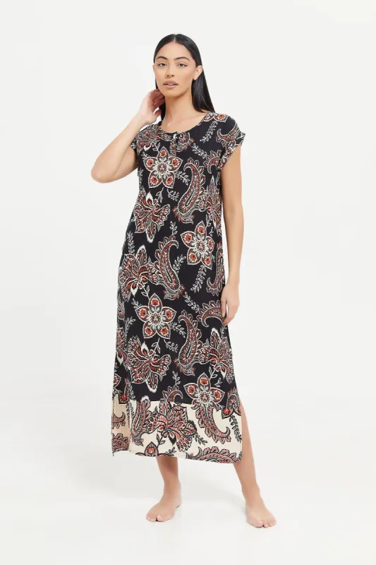 Women Black Printed Nightgown sold by Redtag