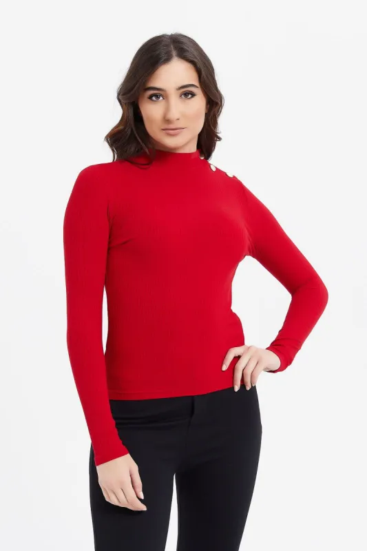 Women Red Ribbed Top sold by Redtag
