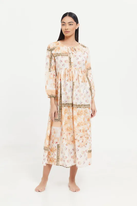 Women Cream Printed Nightgown sold by Redtag