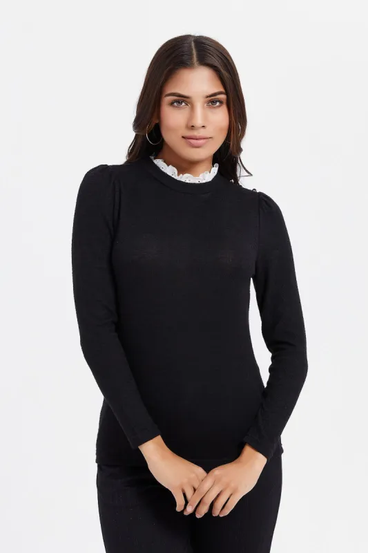 Women Black Plain Collared Top sold by Redtag