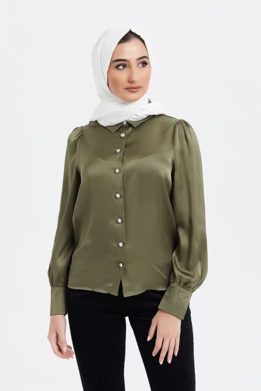 Green Satin Shirt With Embellished Buttons sold by Redtag