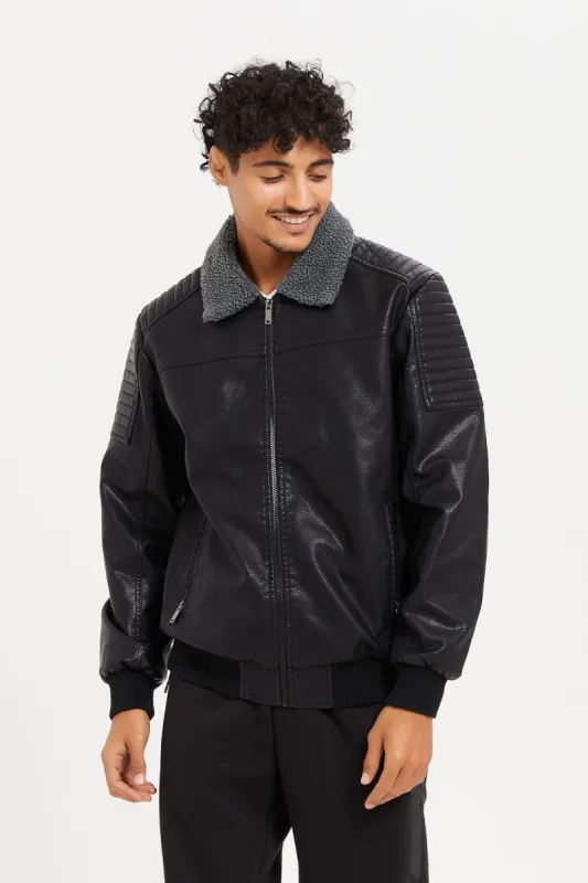 Men Black Fux Leather Aviator Jacket sold by Redtag