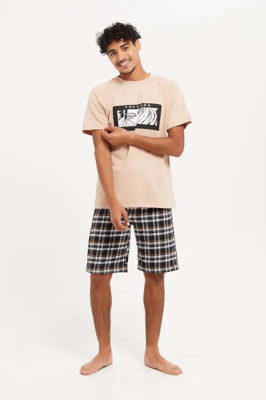 Men Beige Checked Nightwear Set (2 Piece) sold by Redtag