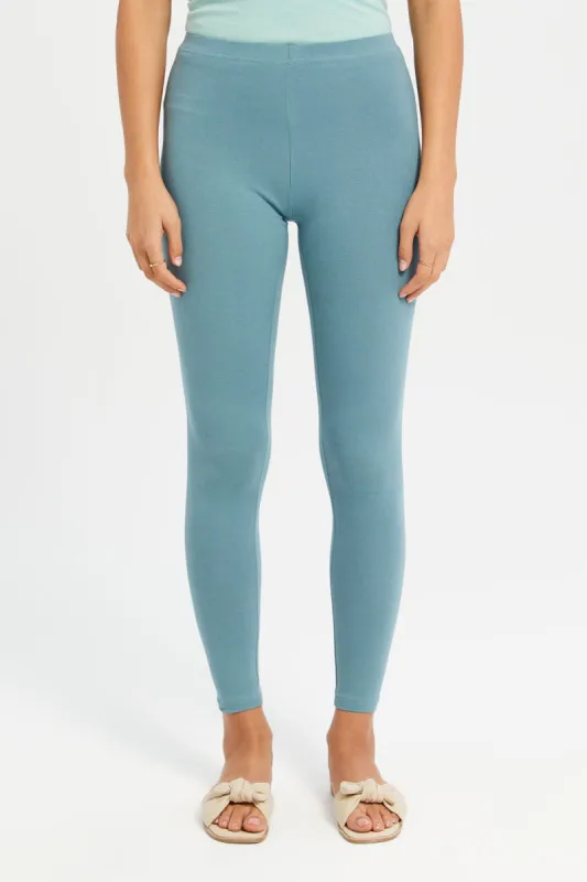Women Teal Elastic Leggings sold by Redtag