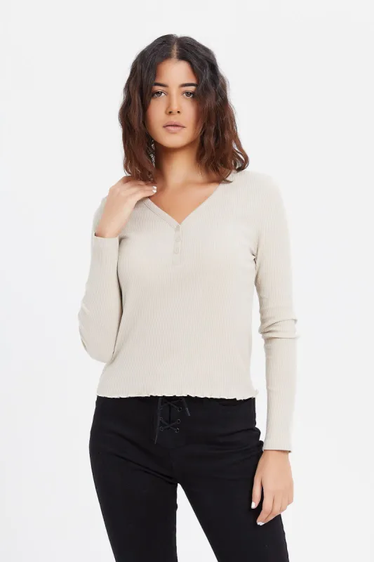 Women Cream Henley Long Sleeves T-Shirt sold by Redtag