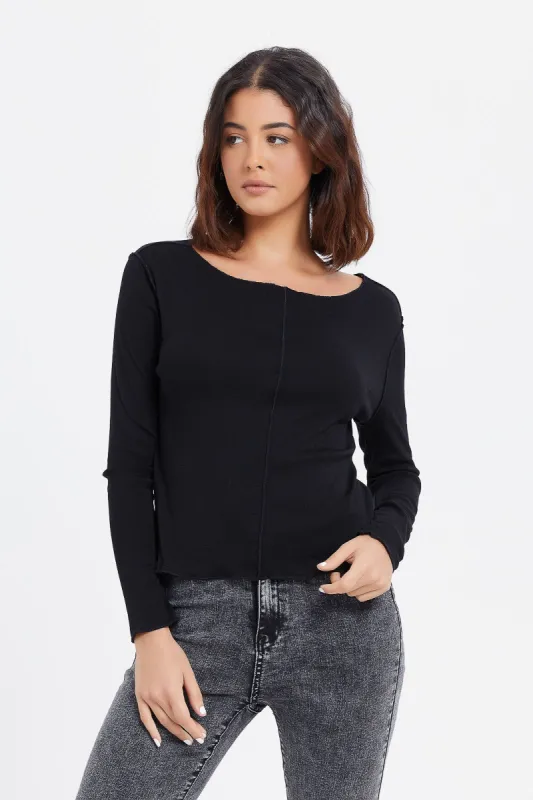 Women Black Exposed Seam Long Sleeves T-Shirt sold by Redtag