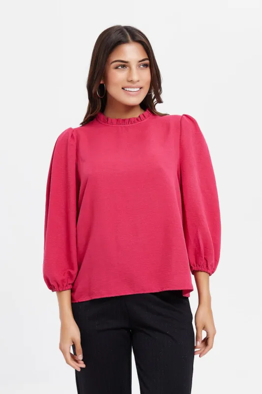 Women Fuchsia Ruffled Neck Blouse sold by Redtag