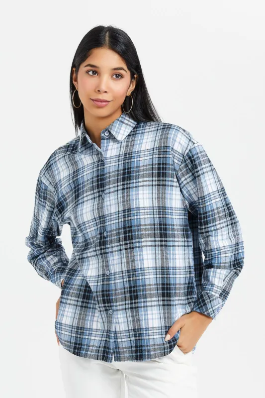 Women Navy Checkered Oversized Shirt sold by Redtag