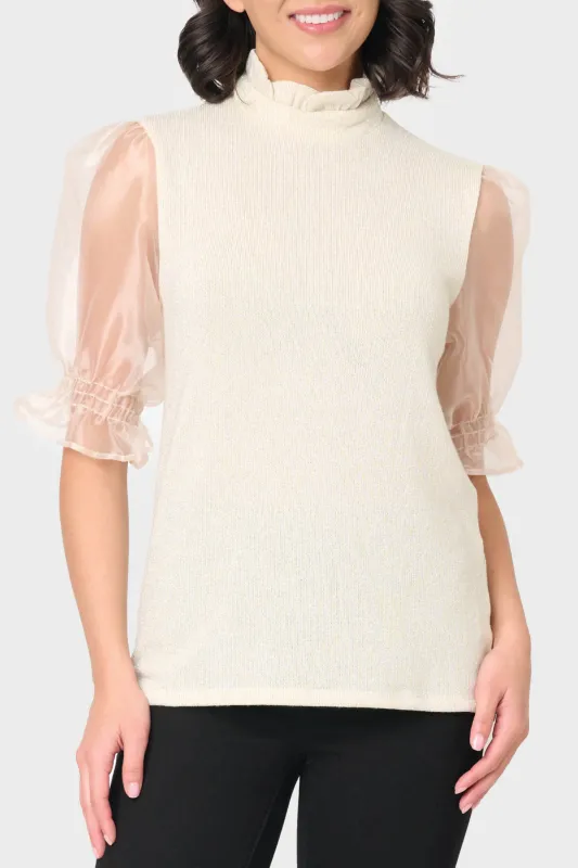 Feminine Ruffle Top with Organza Puff Elbow Sleeve sold by Gibsonlook