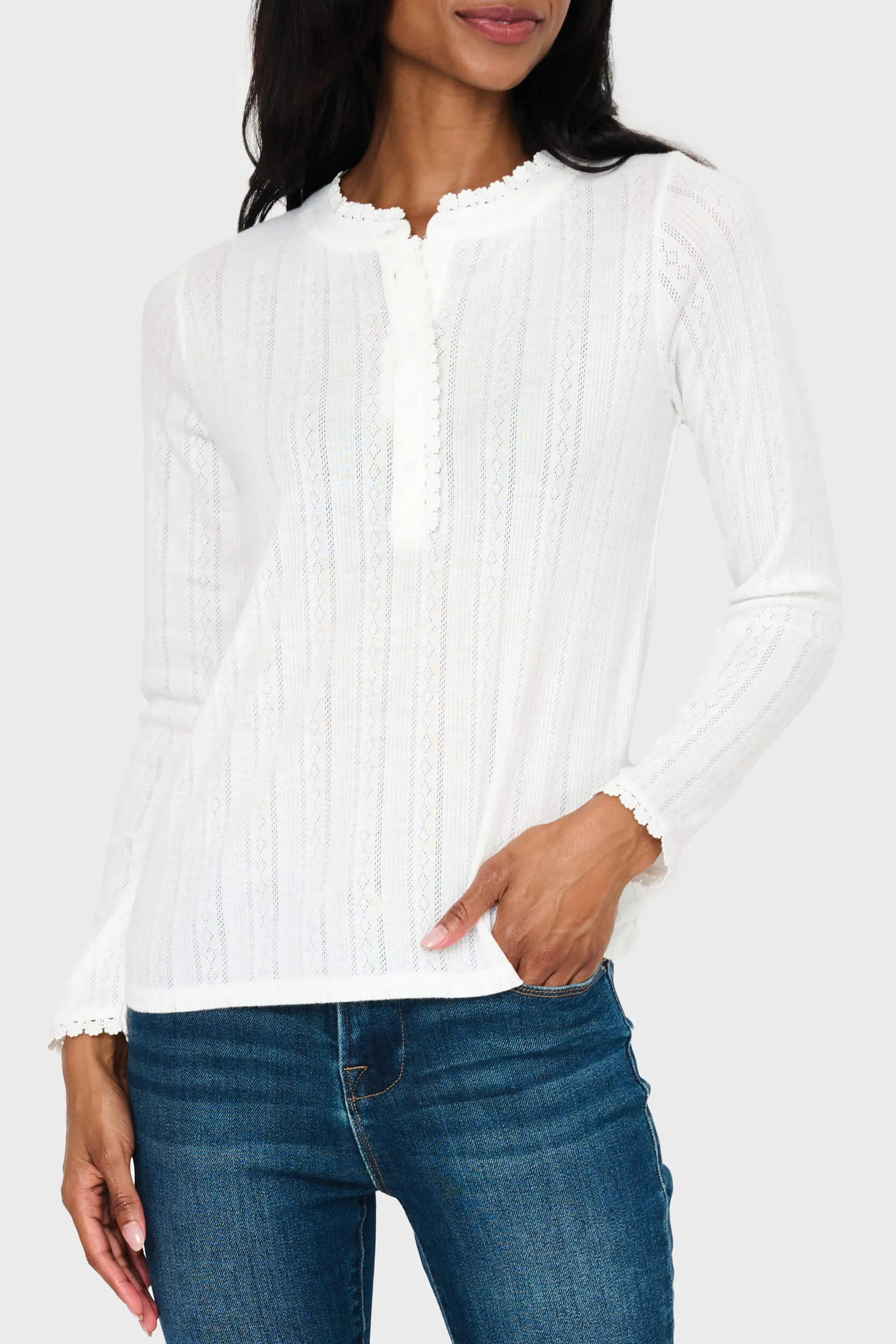 Ava Crochet Trim Pointelle Henley Top sold by Gibsonlook