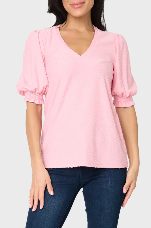 Clip Dot Elbow Puff Sleeve V-Neck sold by Gibsonlook