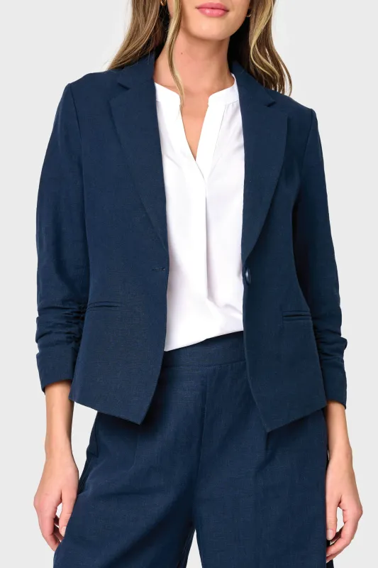 Notch Collar Linen Blazer with Rouched Sleeve sold by Gibsonlook