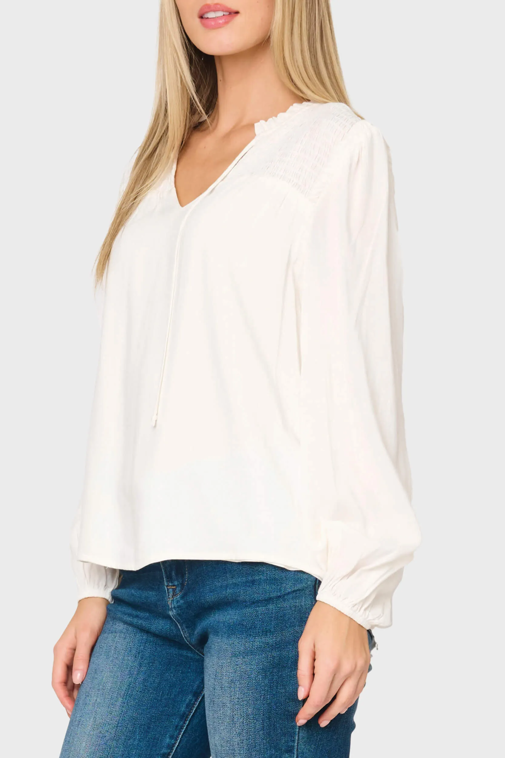 Smocked Yoke Tie Neck Blouson Sleeve Blouse sold by Gibson product image thumbnail 3