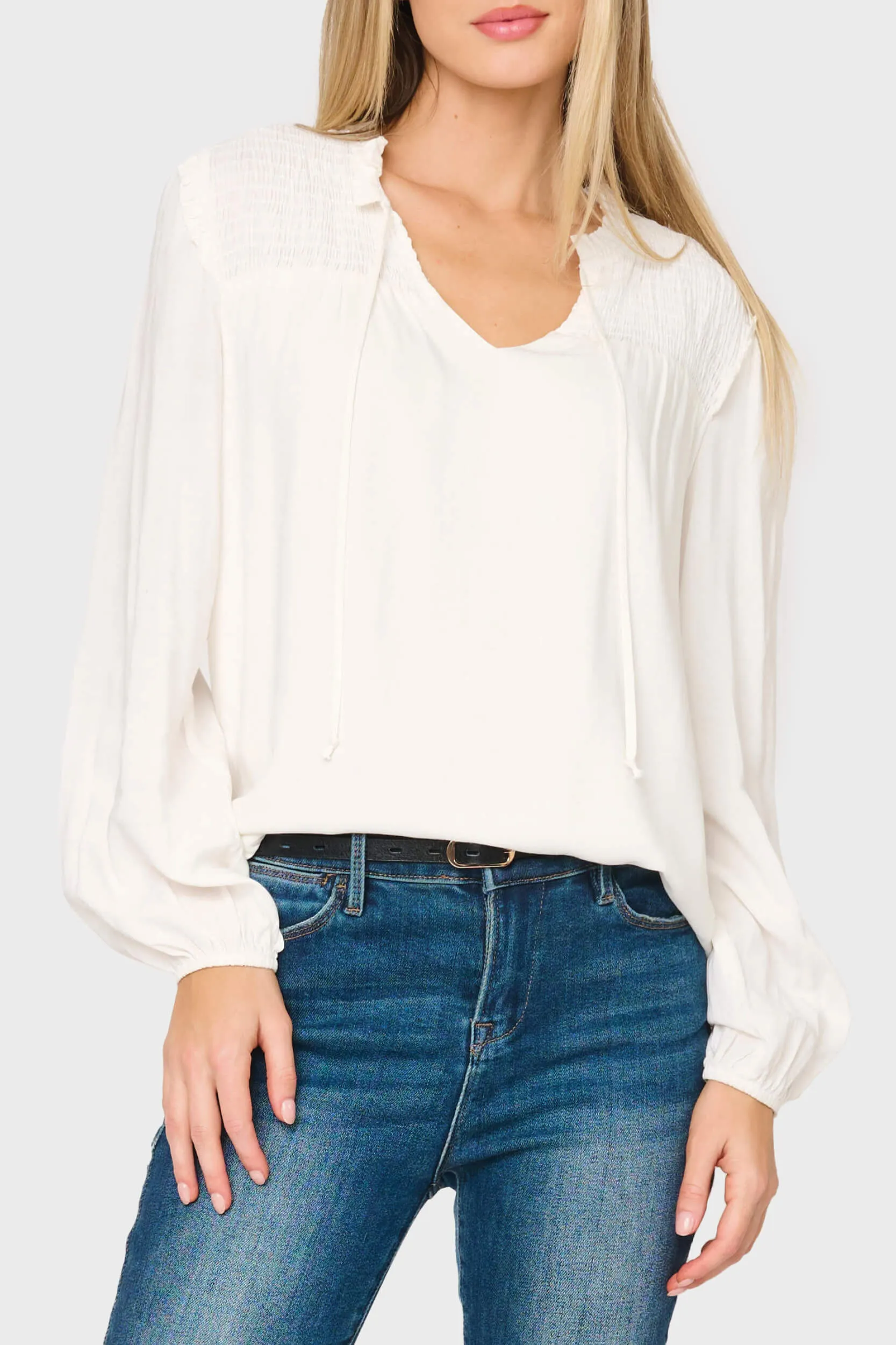 Smocked Yoke Tie Neck Blouson Sleeve Blouse sold by Gibson