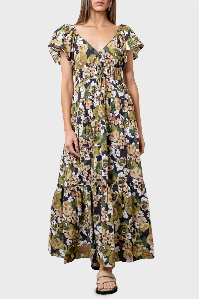 Moon River Flutter Sleeve Tiered Midi Dress sold by Gibson