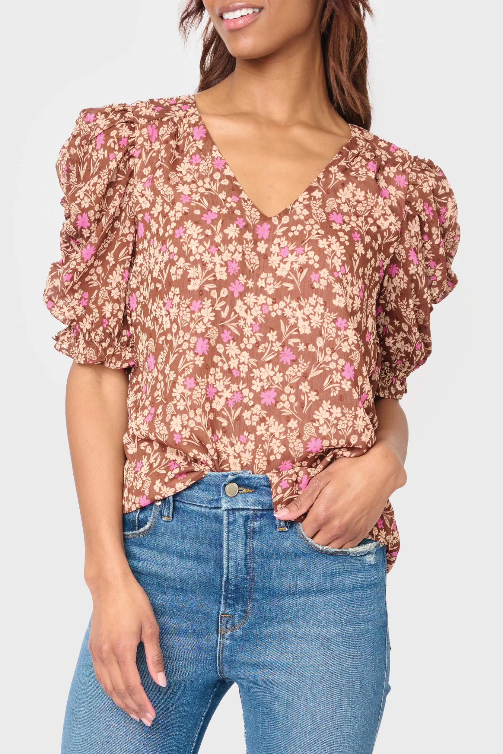 Rouched Sleeve Chiffon V-neck Blouse sold by Gibson