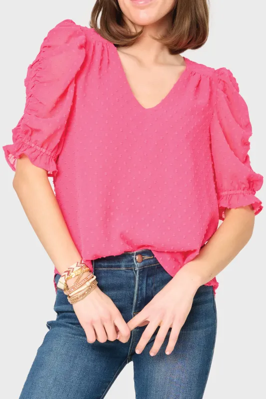 Rouched Sleeve Swiss Dot V-neck Blouse sold by Gibsonlook