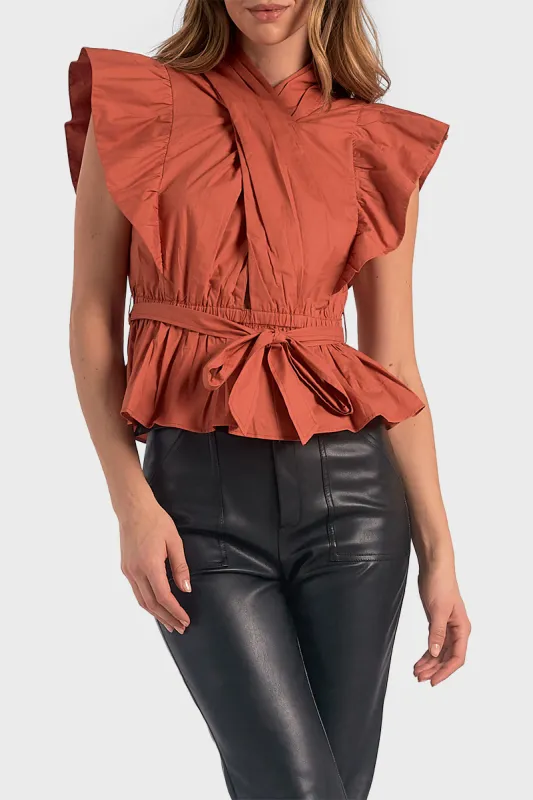 Elan Wrap Top With Flutter Pleated Sleeve sold by Gibsonlook