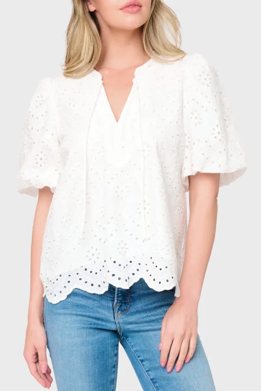 Bubble Sleeve Split Neck Eyelet Top made by Gibsonlook