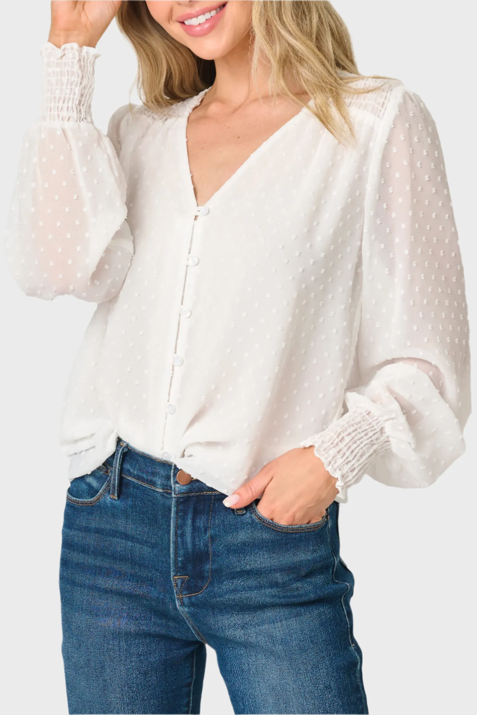 Pin Dot Smocked Detail V-Neck Blouse sold by Gibsonlook