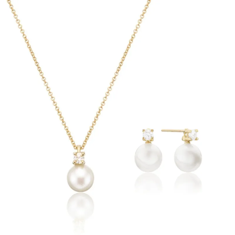 Gold Diamond Style and Pearl Stud Earrings and Necklace Gift Set sold by Lily & Roo