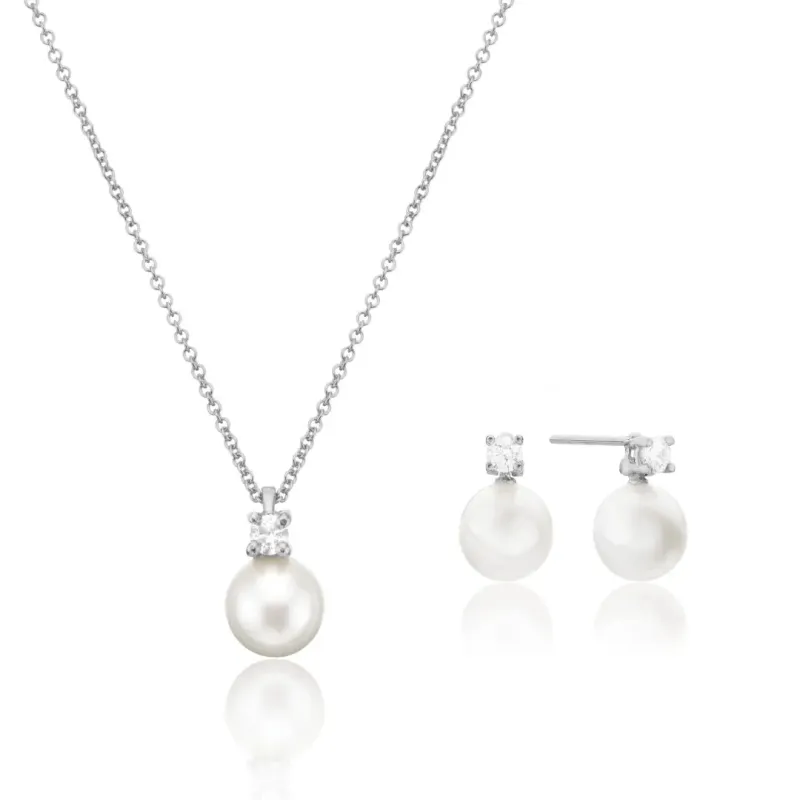 Silver Diamond Style and Pearl Stud Earrings and Necklace Gift Set sold by Lily & Roo
