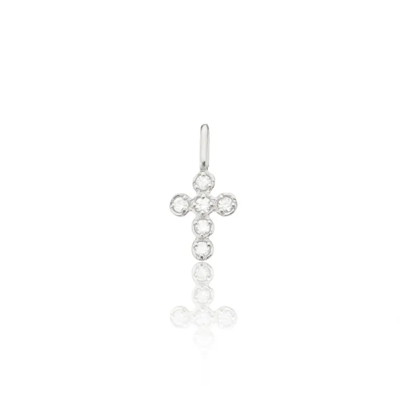 Solid White Gold Individual Genuine Diamond Rounded Tiny Cross Charm sold by Lily & Roo