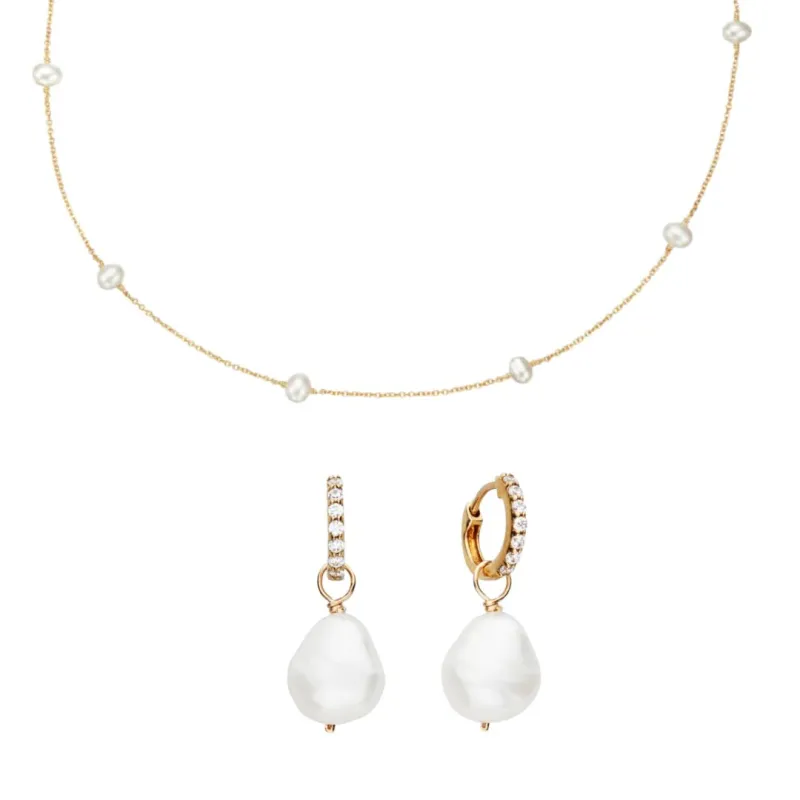 Gold Pearl Drop Huggies and Ten Pearl Choker Gift Set sold by Lily & Roo