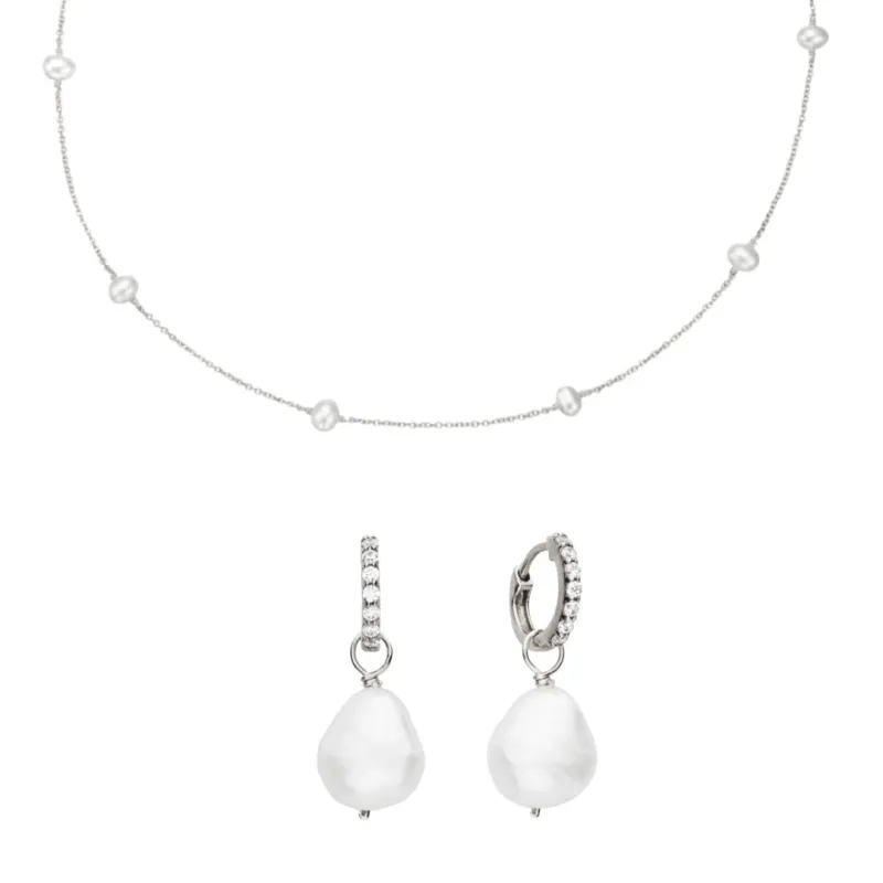 Silver Pearl Drop Huggies and Ten Pearl Choker Gift Set sold by Lily & Roo