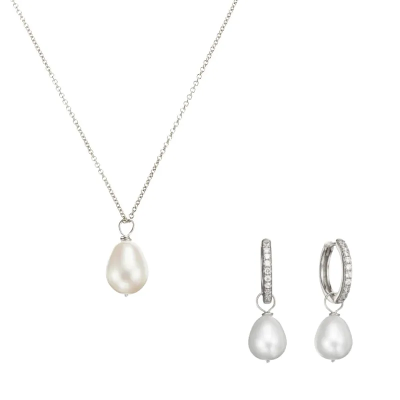 Silver Diamond Style Large Pearl Hoops and Large Pearl Necklace Gift Set sold by Lily & Roo