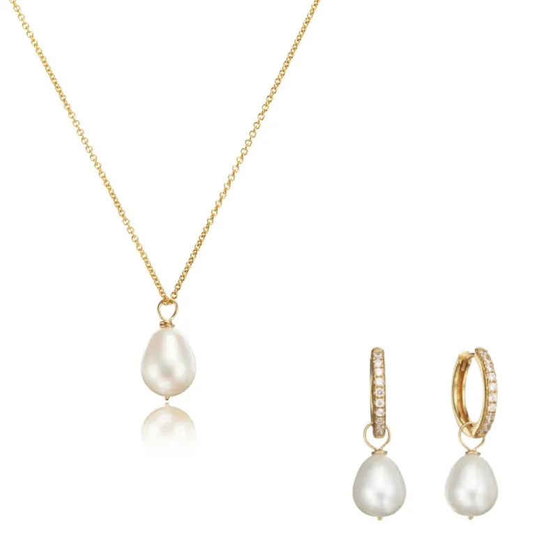 Gold Diamond Style Large Pearl Hoops and Large Pearl Necklace Gift Set sold by Lily & Roo
