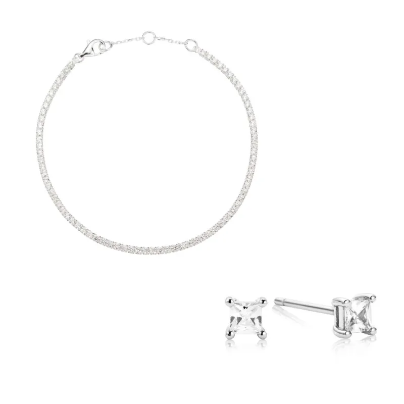 Silver Tennis Bracelet and Princess Diamond Style Stud Earrings Gift Set sold by Lily & Roo