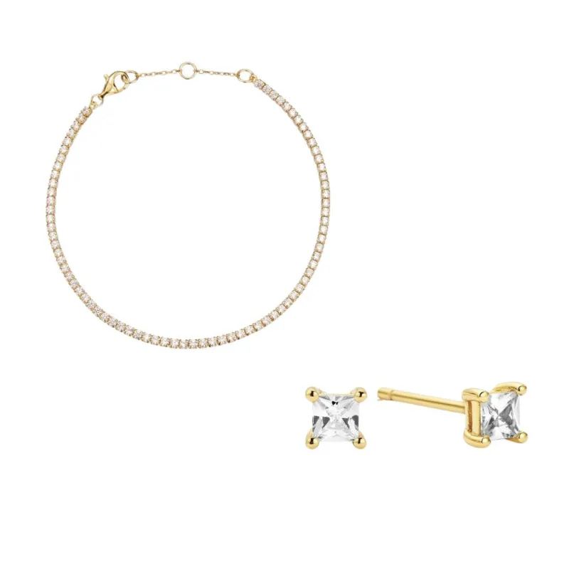 Gold Tennis Bracelet and Princess Diamond Style Stud Earrings Gift Set sold by Lily & Roo