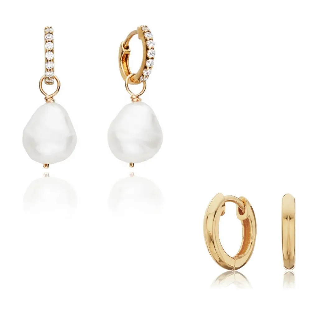 Gold Pearl Drop Huggies and Plain Huggies Earrings Gift Set sold by Lily & Roo