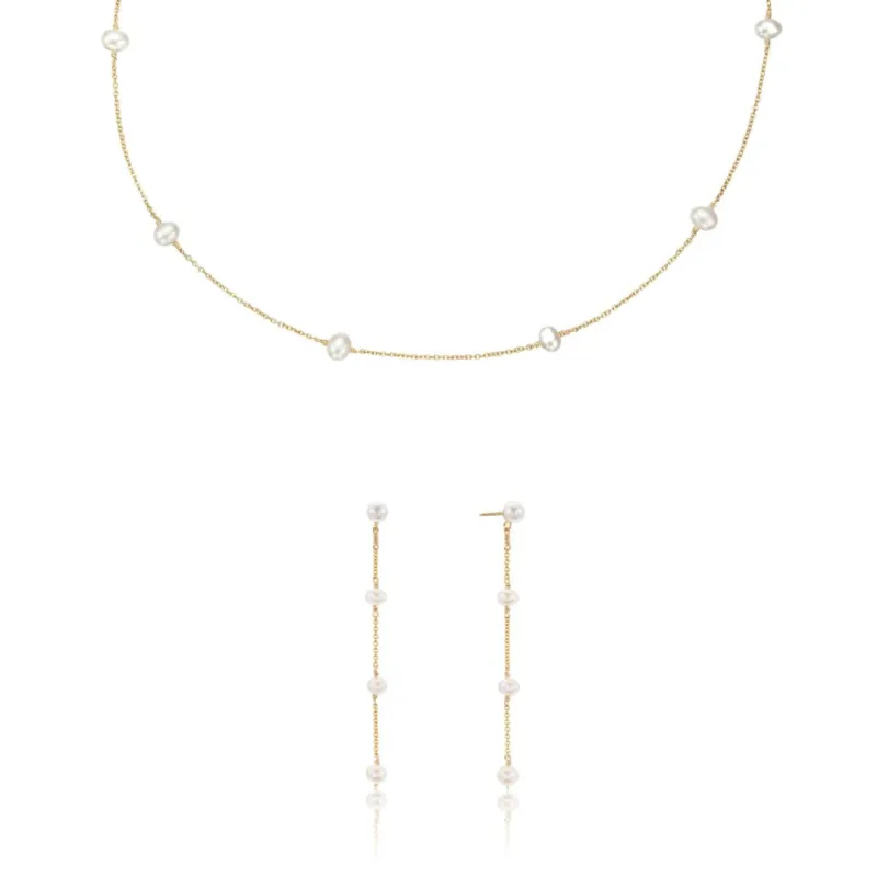 Gold Four Pearl Drop Earrings and Ten Pearl Choker Gift Set sold by Lily & Roo