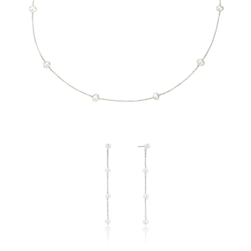 Silver Four Pearl Drop Earrings and Ten Pearl Choker Gift Set sold by Lily & Roo
