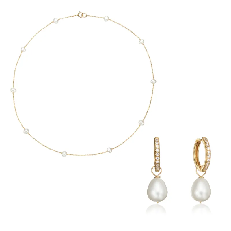 Gold Diamond Style Large Pearl Hoops and Ten Pearl Choker Gift Set sold by Lily & Roo