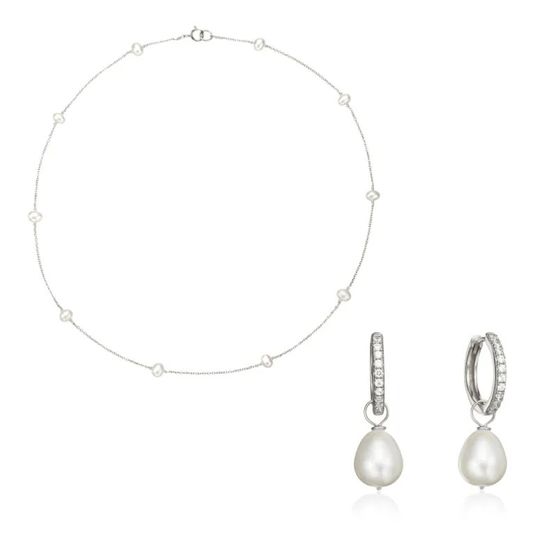 Silver Diamond Style Large Pearl Hoops and Ten Pearl Choker Gift Set sold by Lily & Roo