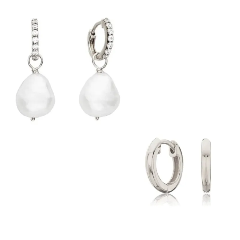 Silver Pearl Drop Huggies and Plain Huggies Earrings Gift Set sold by Lily & Roo