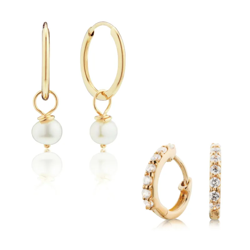 Gold Diamond Style Huggies and Small Pearl Drop Hoop Earrings Gift Set sold by Lily & Roo