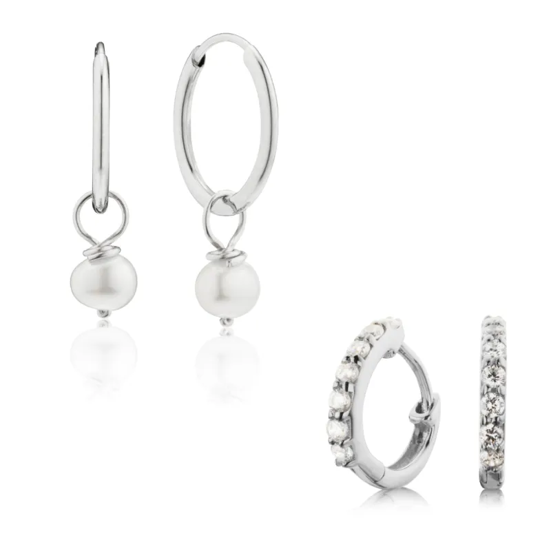 Silver Diamond Style Huggies and Small Pearl Drop Hoop Earrings Gift Set sold by Lily & Roo