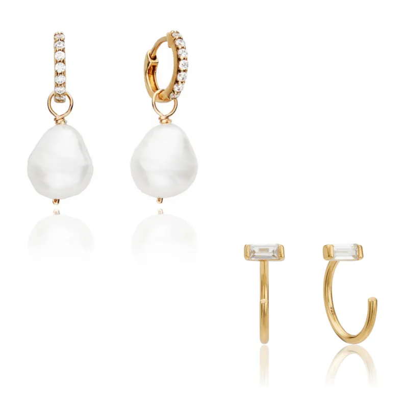 Gold Pearl Drop Huggies and Diamond Style Lobe Earrings Gift Set sold by Lily & Roo