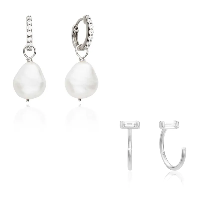 Silver Pearl Drop Huggies and Diamond Style Lobe Earrings Gift Set sold by Lily & Roo