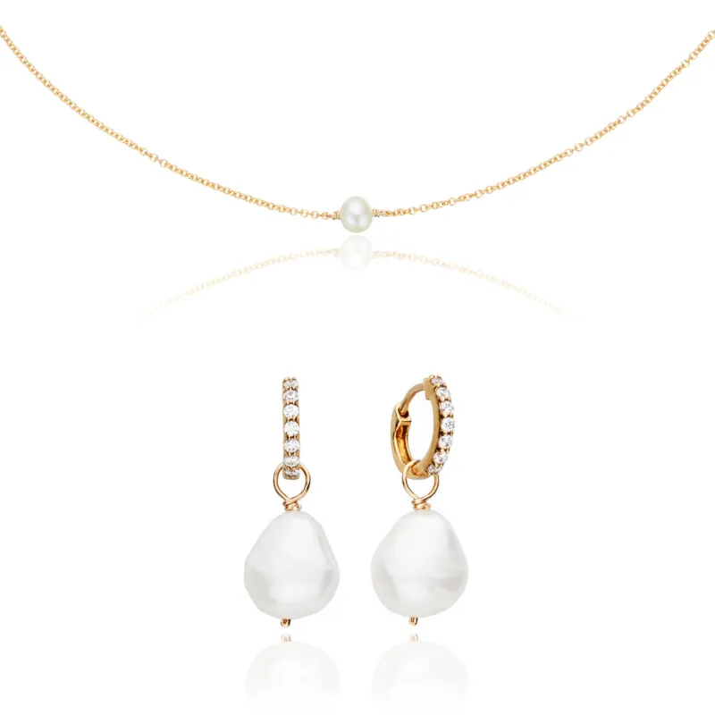 Gold Pearl Drop Huggies and Single Pearl Choker Gift Set sold by Lily & Roo