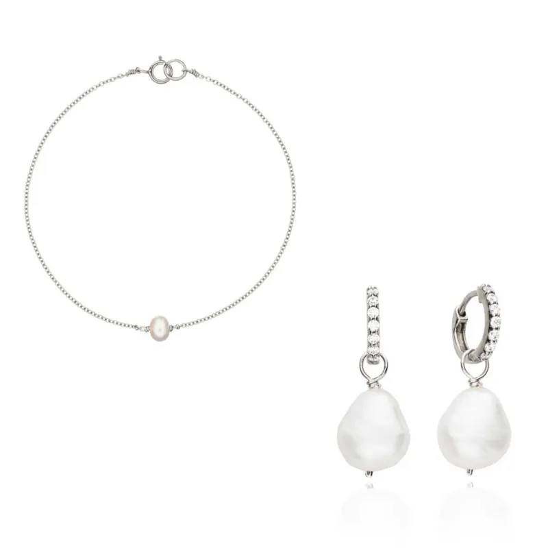 Silver Pearl Drop Huggies and Single Pearl Bracelet Gift Set sold by Lily & Roo
