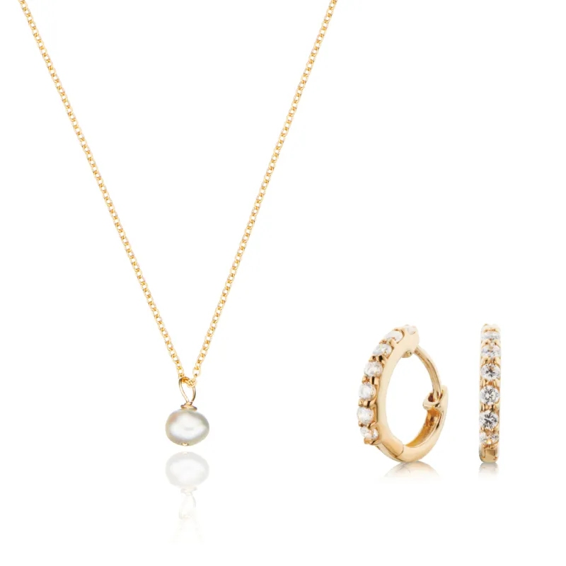 Gold Diamond Style Huggies and Single Pearl Necklace Gift Set sold by Lily & Roo